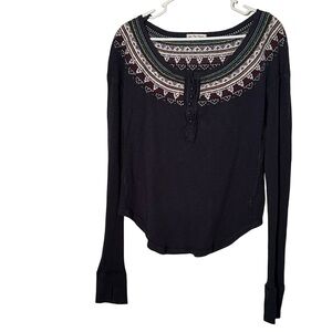 We The Free Blue Long Sleeve Top with Colorful Embroidery